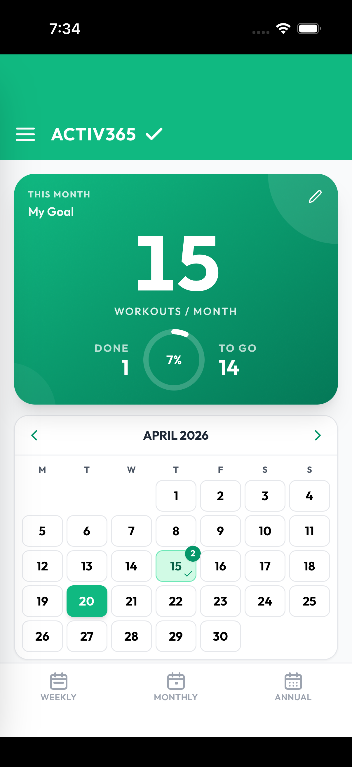 Activ365 home — monthly goal with progress ring and calendar