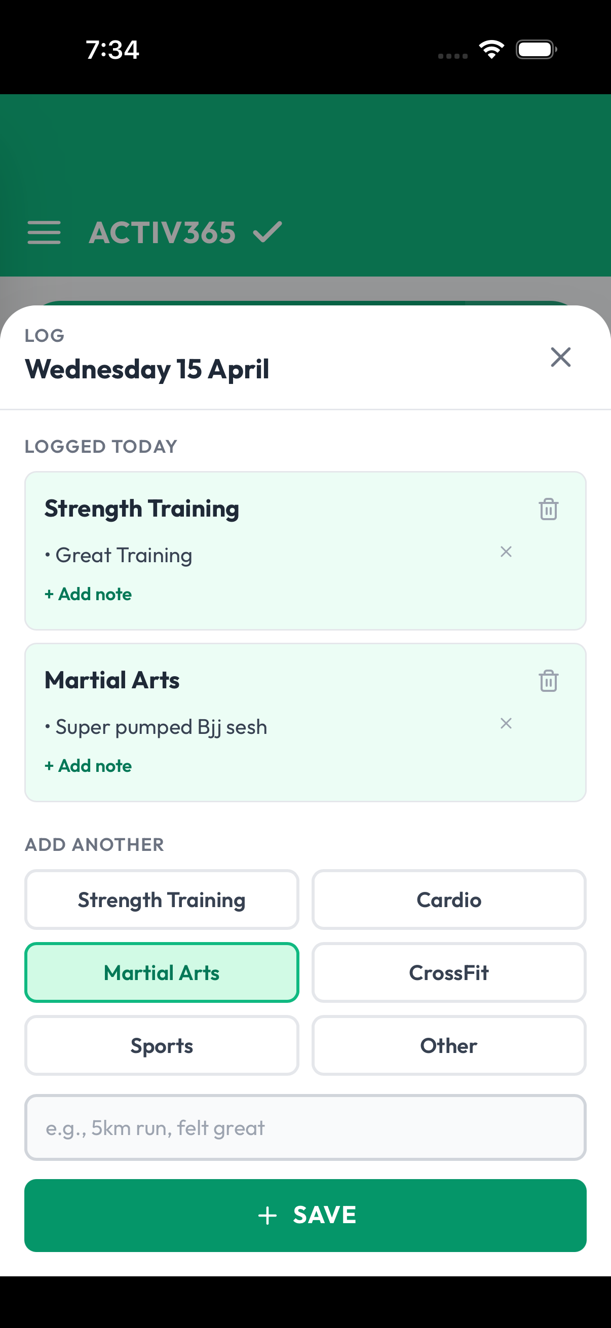 Activ365 log modal — Strength Training and Martial Arts logged on 15 April