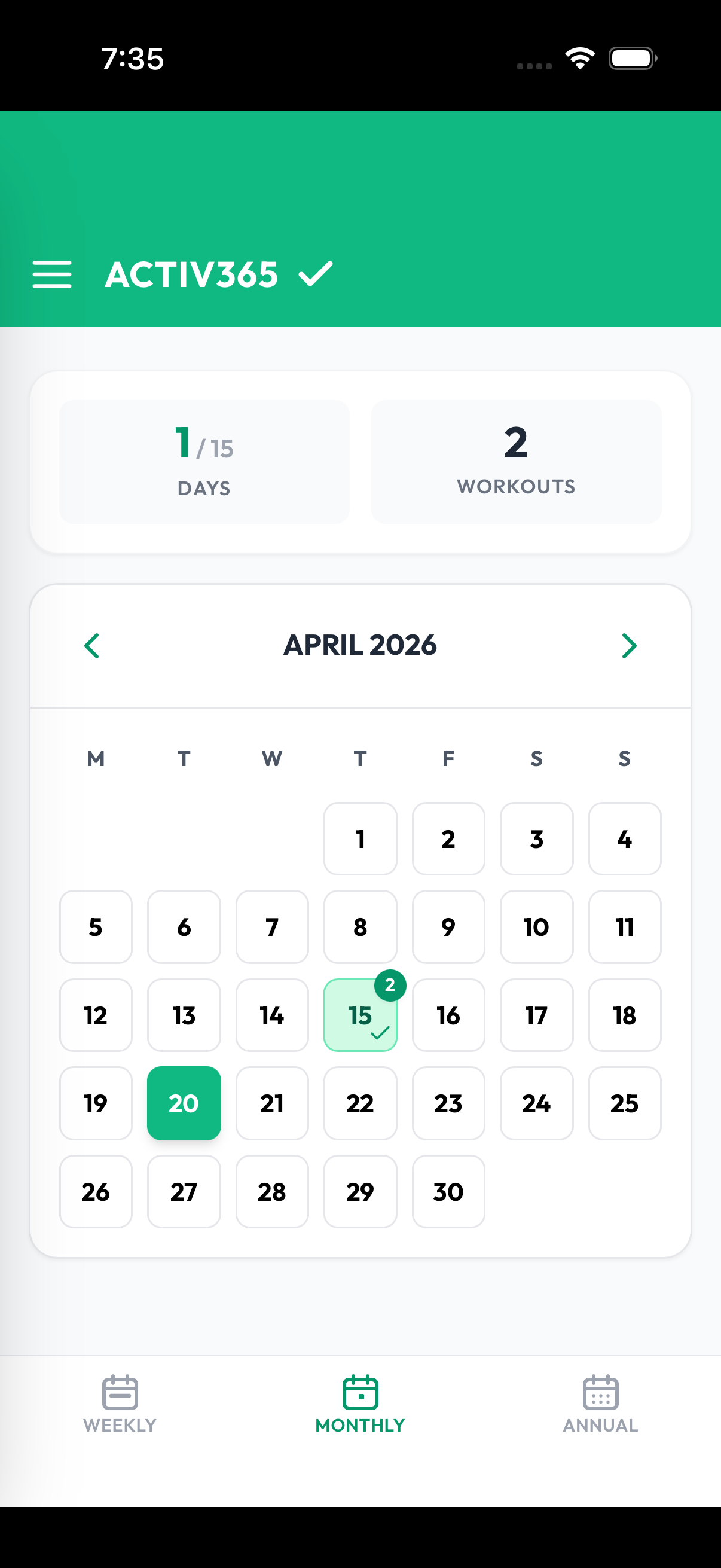 Activ365 monthly view — days logged and full calendar overview